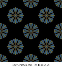 Seamless geometrical pattern with round floral mandalas. Repeating design with star shape daisy flowers. Blue blossom on black background.