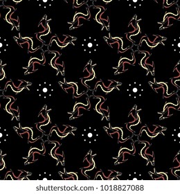 Seamless geometrical pattern with round folk elements made of fantastic fish and abstract polka dots. Based on ancient Greek motif.