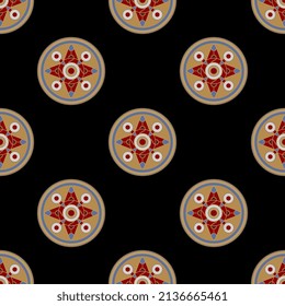 Seamless geometrical pattern with round medieval mandalas. European Anglo-Saxon Cloisonné ornament. On black background.