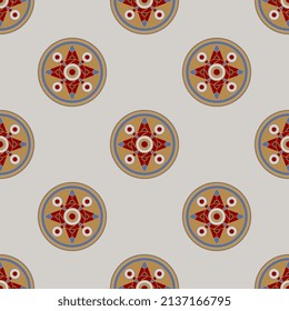 Seamless geometrical pattern with round medieval mandalas. European Anglo-Saxon Cloisonné ornament. On white background.