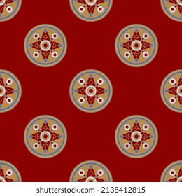 Seamless geometrical pattern with round medieval mandalas. European Anglo-Saxon Cloisonné ornament. On red background.