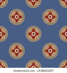 Seamless geometrical pattern with round medieval mandalas. European Anglo-Saxon Cloisonné ornament. blue red background.