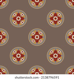 Seamless geometrical pattern with round medieval mandalas. European Anglo-Saxon Cloisonné ornament. On brown gray background.