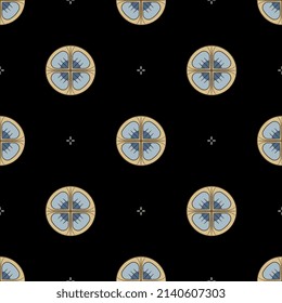 
Seamless Geometrical Pattern With Round Medieval Gothic Mandalas. Christian Catholic Holy Symbol. On Black Background.