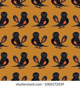 Seamless geometrical pattern with rows of ancient Greek owls. Ethnic style.