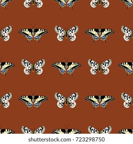 Seamless geometrical pattern with rows of butterflies. Alternate swallowtail and Apollo.