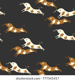 Seamless geometrical pattern with running bulls. Based on ancient Cretan fresco motifs.