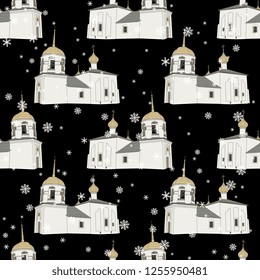 Seamless geometrical pattern with Russian Orthodox churches under snowflakes. Cartoon style.