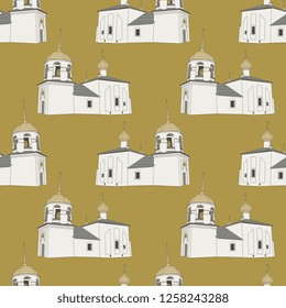 Seamless geometrical pattern with Russian Orthodox churches. Cartoon style.