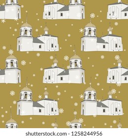 Seamless geometrical pattern with Russian Orthodox churches under snowflakes. Cartoon style.