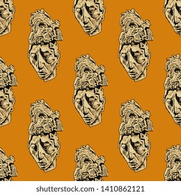 Seamless geometrical pattern with sculpture heads of young man from Palenque. Ancient Mexican Pre Columbian Mayan art. Ruler of Pakal.