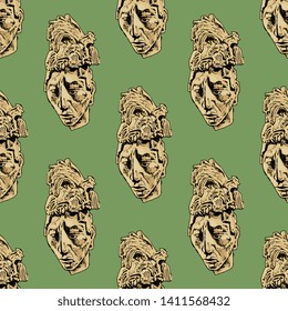 Seamless geometrical pattern with sculpture heads of young man from Palenque. Ancient Mexican Pre Columbian Mayan art. Ruler of Pakal.