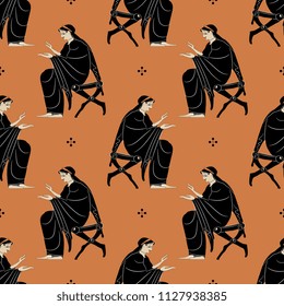 Seamless geometrical pattern with seated ancient Greek woman in black dress and abstract polka dots. Based on antique vase painting motif.