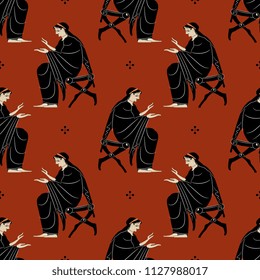 Seamless geometrical pattern with seated ancient Greek woman in black dress and abstract polka dots. Based on antique vase painting motif.