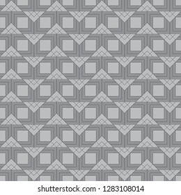 Seamless geometrical pattern in shades of gray. Symmetrically repeating rhombuses, cubes, triangles and squares of various size. Vector graphics.