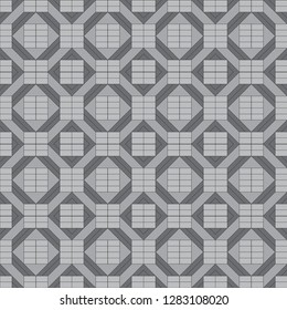 Seamless geometrical pattern in shades of gray. Symmetrically repeating rhombuses, cubes, triangles and squares of various size. Vector graphics.