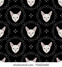 Seamless geometrical pattern with Siamese cat faces in round wreaths and small floral motifs. 