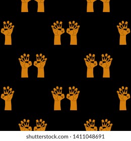 Seamless geometrical pattern with silhouetted clenched female hands with long dark nails. Halloween style.