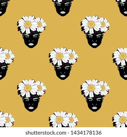 Seamless geometrical pattern with silhouetted female faces in chamomile or daisy crowns. 