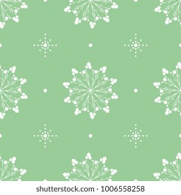 Seamless geometrical pattern with silhouetted floral mandalas and abstract dots.