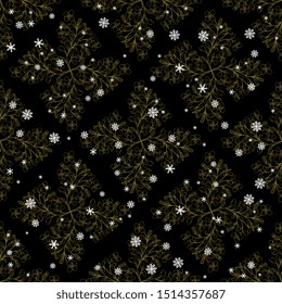 Seamless geometrical pattern with silhouetted floral rhombuses and snowflakes.