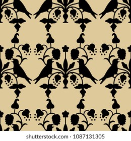 Seamless geometrical pattern with silhouetted folk motifs. Fantastic plant with two birds. Based on old Russian art.