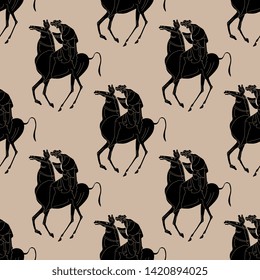 Seamless geometrical pattern with silhouetted of god Dionysus riding a horse. Ancient Greek vase painting style. 