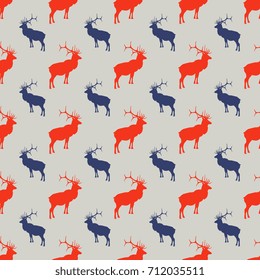 Seamless geometrical pattern with silhouettes of American elk wapiti. Alternating blue and red images on gray. American colors.