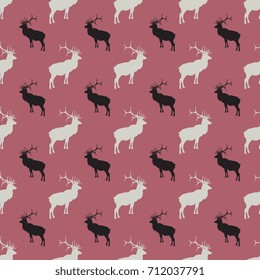 Seamless geometrical pattern with silhouettes of American elk wapiti. Alternating black and gray images on mauve pink background.