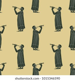 Seamless geometrical pattern with silhouettes of ancient Greek flute player.