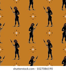 Seamless geometrical pattern with silhouettes of ancient Greek warriors.