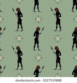 Seamless geometrical pattern with silhouettes of ancient Greek warriors.