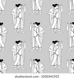 Seamless geometrical pattern with silhouettes of ancient Greek goddess Artemis.