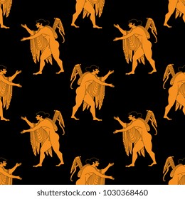 Seamless geometrical pattern with silhouettes of ancient Greek god Apollo. Based on classic vase painting image.