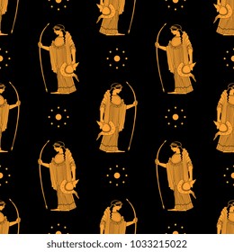 Seamless geometrical pattern with silhouettes of ancient Greek warrior goddess Athena and abstract polka dots.