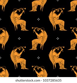 Seamless geometrical pattern with silhouettes of ancient Greek goddess Demeter or Persephone with a plant bough.