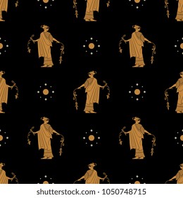 Seamless geometrical pattern with silhouettes of ancient Greek woman holding two flowers and abstract dots. Ethnic style.