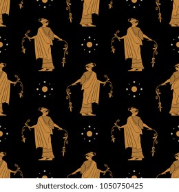 Seamless geometrical pattern with silhouettes of ancient Greek woman holding two flowers and abstract dots. Ethnic style.