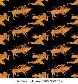 Seamless geometrical pattern with silhouettes of ancient Greek warriors and centaurs.