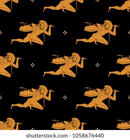 Seamless Geometrical Pattern With Silhouettes Of Ancient Greek Fighting Warrior And Abstract Dots. Based On Vase Painting Image. Red Figure Pottery Style.