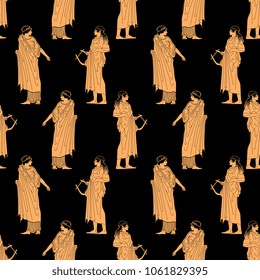 Seamless geometrical pattern with silhouettes of ancient Greek women.