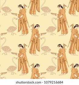 Seamless geometrical pattern with silhouettes of ancient Greek goddess Artemis feeding a swan. Based on antique vase painting motif.