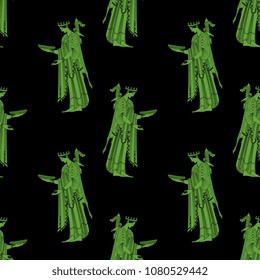 Seamless geometrical pattern with silhouettes of ancient Greek goddess Artemis holding a bowl.