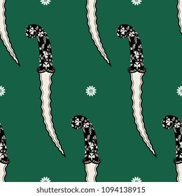 Seamless geometrical pattern with silhouettes of ancient oriental daggers and abstract floral polka dots.