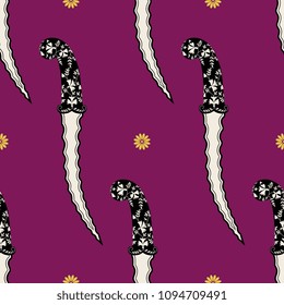 Seamless geometrical pattern with silhouettes of ancient oriental daggers and abstract floral polka dots.