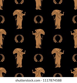 Seamless geometrical pattern with silhouettes of ancient Greek winged goddess of victory Nike and laurel wreaths.