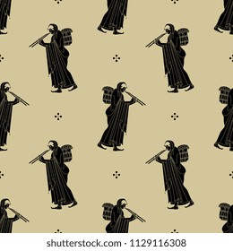 Seamless geometrical pattern with silhouettes of ancient Greek woman playing the double flute and abstract floral  dots. Based on vase painting motif. 