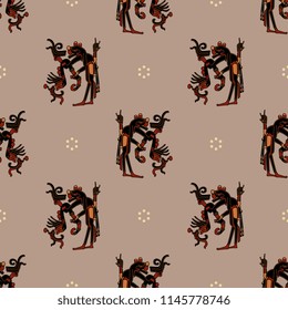 Seamless geometrical pattern with silhouettes of ancient Mayan monsters and abstract dotted circles. Ethnic style. Based on folk art of Mexican Maya Indians.