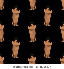 Seamless geometrical pattern with silhouettes of ancient Greek woman holding a scroll and abstract floral polka dots.