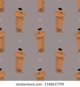Seamless geometrical pattern with silhouettes of ancient Greek woman holding a scroll and abstract floral polka dots.